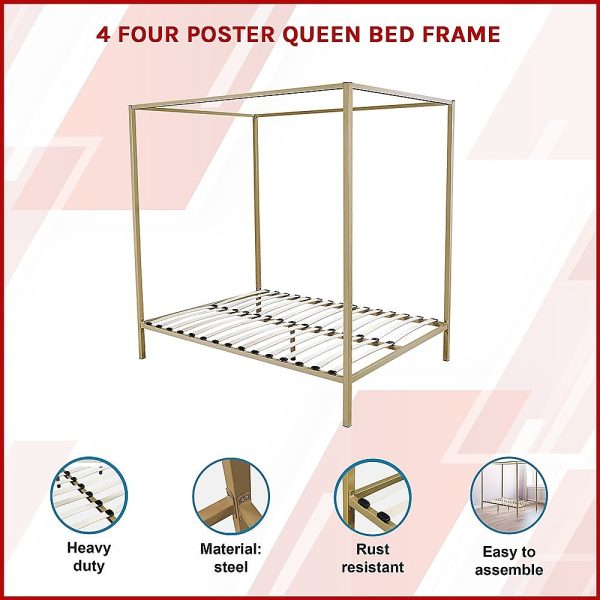 Arrow 4 Four Poster Bed Frame – QUEEN, Gold