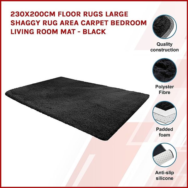 Floor Rugs Large Shaggy Rug Area Carpet Bedroom Living Room Mat – 230 x 200 cm, Black