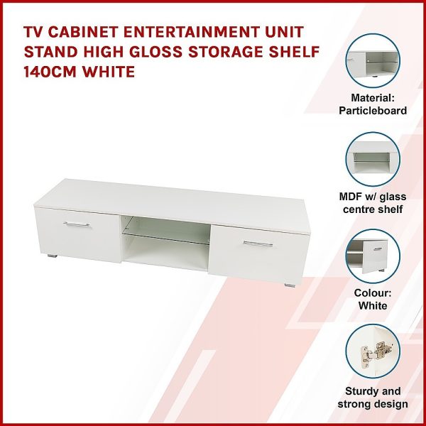 Darton TV Cabinet Entertainment Unit Stand High Gloss Storage Shelf 140cm White