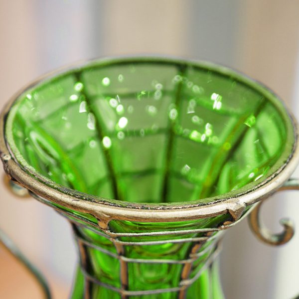 Green Colored Glass Flower Vase with 8 Bunch 5 Heads Artificial Fake Silk Rose Home Decor Set