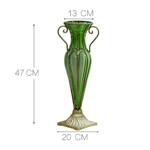 Green Colored Glass Flower Vase with 8 Bunch 5 Heads Artificial Fake Silk Rose Home Decor Set