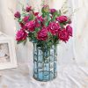 Blue Glass Cylinder Flower Vase with 8 Bunch 5 Heads Artificial Fake Silk Rose Home Decor Set