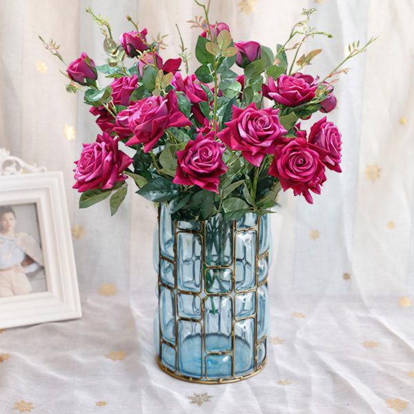 Blue Glass Cylinder Flower Vase with 8 Bunch 5 Heads Artificial Fake Silk Rose Home Decor Set