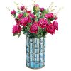 Blue Glass Cylinder Flower Vase with 8 Bunch 5 Heads Artificial Fake Silk Rose Home Decor Set
