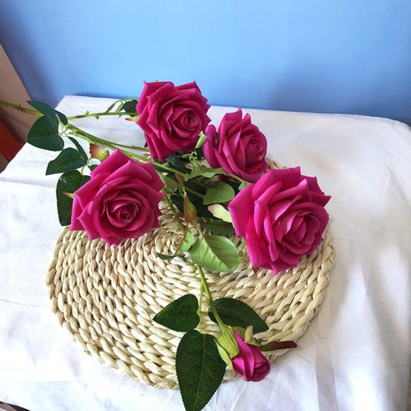 Blue Glass Cylinder Flower Vase with 8 Bunch 5 Heads Artificial Fake Silk Rose Home Decor Set