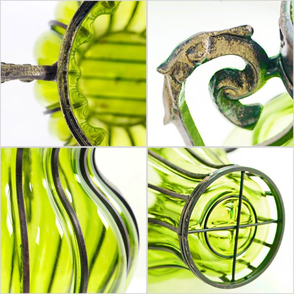 Green Colored Glass Flower Vase with 4 Bunch 9 Heads Artificial Fake Silk Rose Home Decor Set