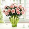 Green Colored Glass Flower Vase with 4 Bunch 9 Heads Artificial Fake Silk Rose Home Decor Set