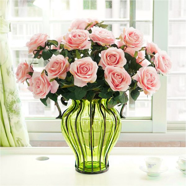 Green Colored Glass Flower Vase with 4 Bunch 9 Heads Artificial Fake Silk Rose Home Decor Set