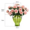 Green Colored Glass Flower Vase with 4 Bunch 9 Heads Artificial Fake Silk Rose Home Decor Set