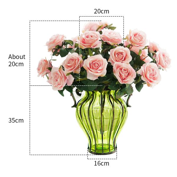 Green Colored Glass Flower Vase with 4 Bunch 9 Heads Artificial Fake Silk Rose Home Decor Set