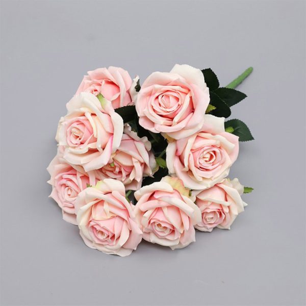Green Colored Glass Flower Vase with 4 Bunch 9 Heads Artificial Fake Silk Rose Home Decor Set
