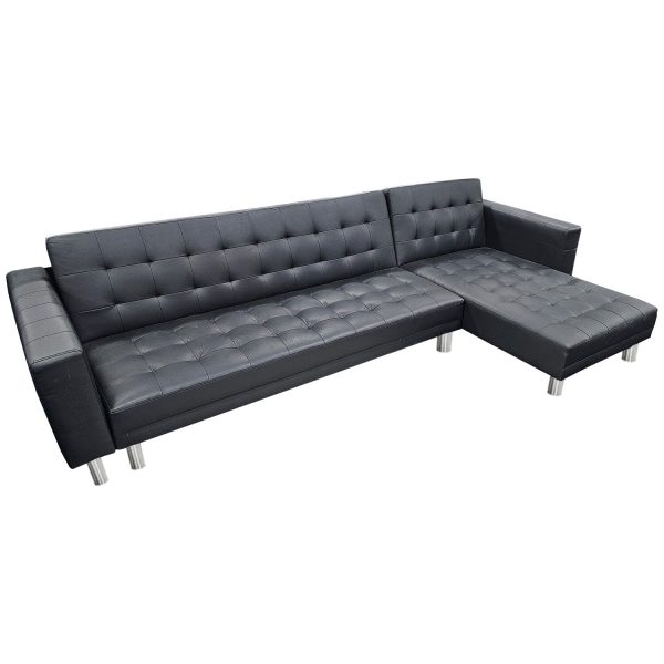 Abram Corner Faux Leather Sofa Bed Couch with Chaise – Black